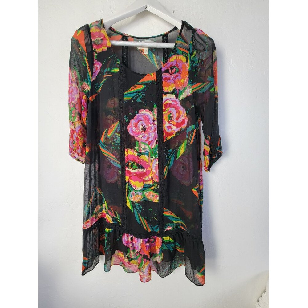Moulinette Soeurs Womens Sheer 100% Silk Floral Tunic Top Small Black Ruffle Hem